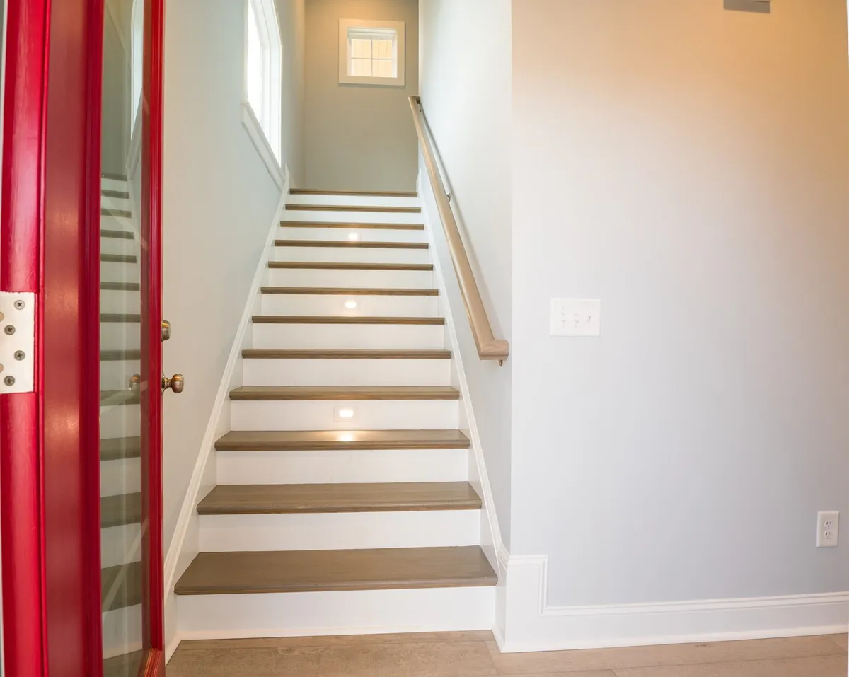 A welcoming interior scene with a vibrant red front door, a staircase, and natural light streaming through the windows. The space feels inviting, suggesting the promise of new experiences and shared family moments from the very first step inside.
